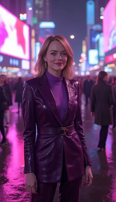 Emma Stone in purple luxury clothes and purple suit. Background shows Brazilia in Brazil at night with LED panels, crowd and light rain. Realistic reflections on wet ground. e carros