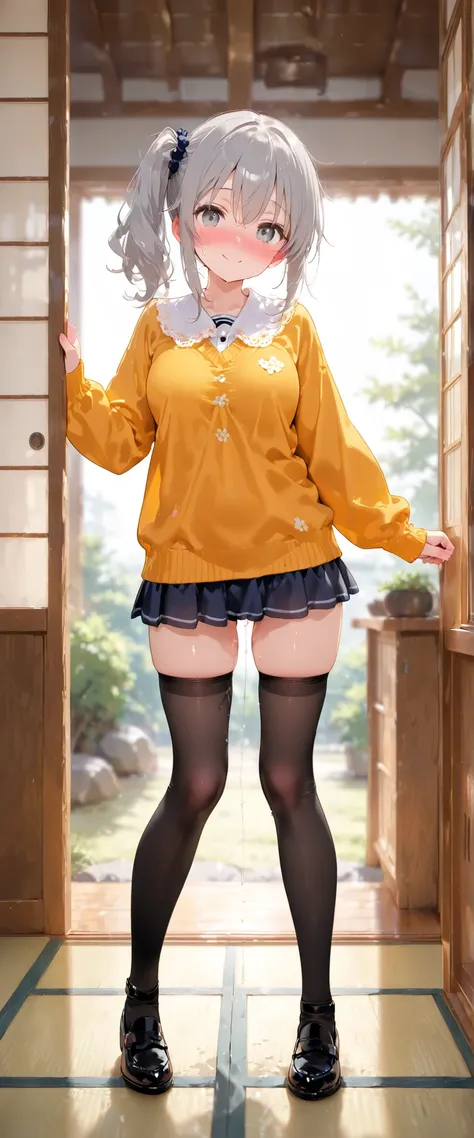 (masterpiece), (Highest Quality), (high resolution:1.2),one girl ((long grey hair))（side ponytail hair facing the viewer:1.1）,((grey eyes,)),(medium BREASTS:0.8) , very detailed and expressive eyes , ((perfect eyes:1.1)), bright eyes,perfect face, very det...