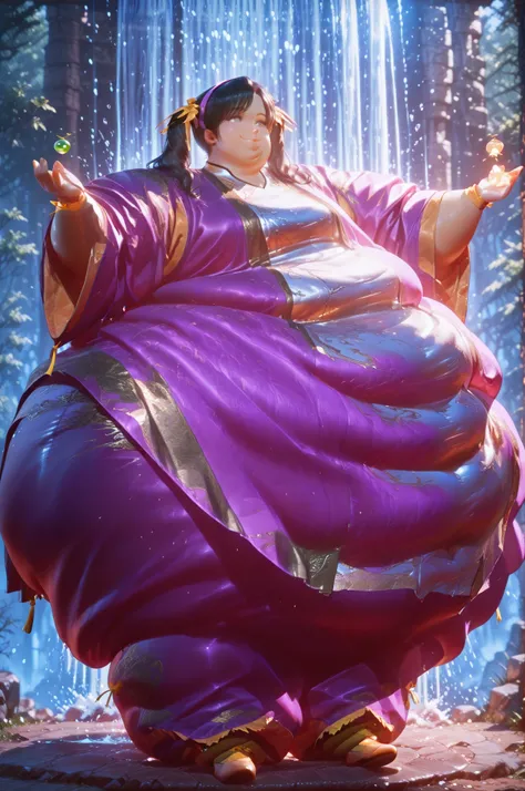 1girl, solo, masterpiece, best quality, retro art style, 1980s\(style\), Ling Xiaoyu, long hair, black hair, twin tails, brown eyes, Asian, yellow ribbon, olive skin, , hair slicked back, long hair, purple hairband, Japanese clothes, wide sleeves, purple p...