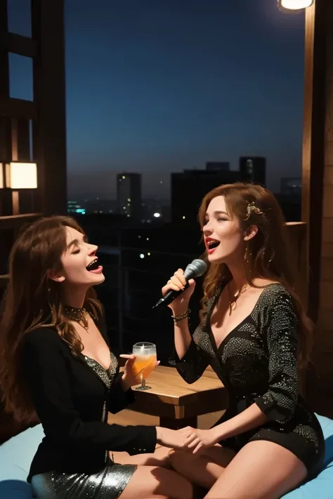 High-Rise Karaoke Party A stylish karaoke setup on the balcony of a high-rise apartment. Two people sing a duet with wireless mics, while others lounge on beanbags with drinks. The city lights twinkle below, and a disco ball casts shimmering patterns. The ...
