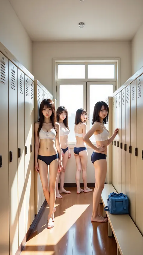 locker room、Multiple Women、in underwear、high school girl idol、Changing clothes、Japanese、Highest Quality、Highest Image Quality、super real:1.3、(perfect anatomy)、(detailed hands:1.3, perfect hands:1.3)、(Detailed Arms:1.3)