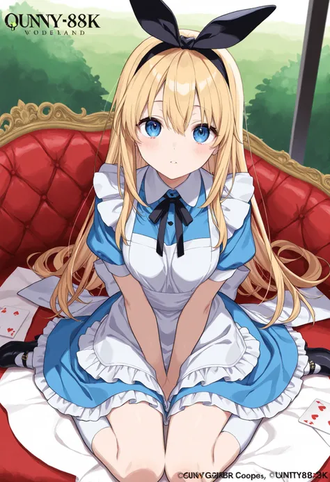 anime girls,(OFFICIAL ART、Highest Quality、unity 8k 壁紙、32K、masterpiece、very detailed、super high resolution)、Amazing、((Alice in Wonderland))、Blonde、tie the hair with a ribbon、blue eye color do two people see、blue apron dress、white socks、