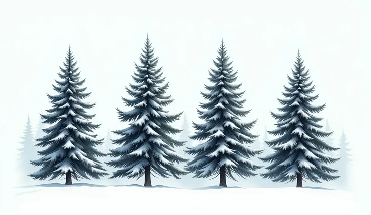 fir trees in a single row with snow on the branches, blank background, painting
