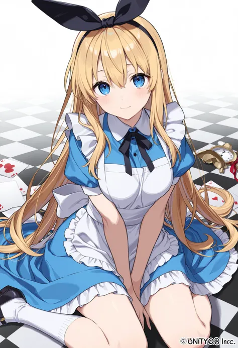 anime girls,(OFFICIAL ART、Highest Quality、unity 8k 壁紙、32K、masterpiece、very detailed、super high resolution)、Amazing、((Alice in Wonderland))、Blonde、tie the hair with a ribbon、blue eye color do two people see、blue apron dress、white socks、