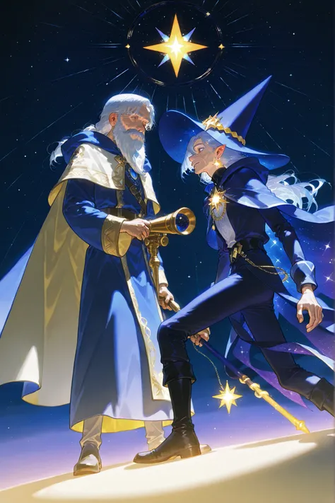 A male character, an old cheerful mage. He is a tall, skinny, with wrinkled faced old man. He has a long two-tone black-and-white beard that reaches to the ground.  He wearing a blue conical corn hat on his head decorated with stars. He's wearing a blue ho...
