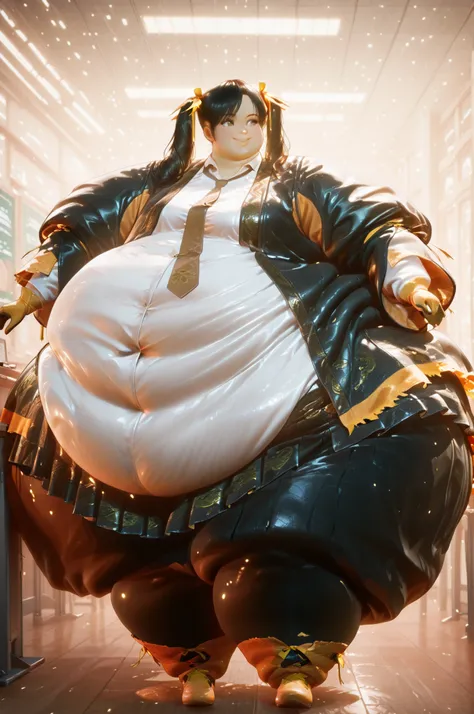 1girl, solo, masterpiece, best quality, retro art style, 1980s\(style\),Ling Xiaoyu, long hair, black hair, twin tails, brown eyes, Asian,  yellow ribbon, olive skin, skirt, shirt, gloves, long sleeves, jacket, white shirt, pleated skirt, open clothes, nec...