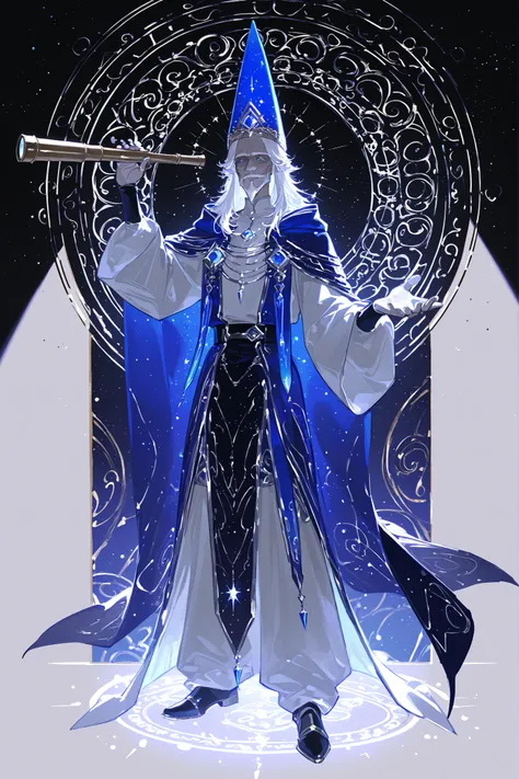 (handfixer, xxx667_illu,hand_telescope) Male character, middle-aged mature cheerful medieval fantasy wizard. He is a tall, skinny, with wrinkled face. He has a long two-tone black-and-white beard that reaches to the ground. He has long gray hair carelessly...