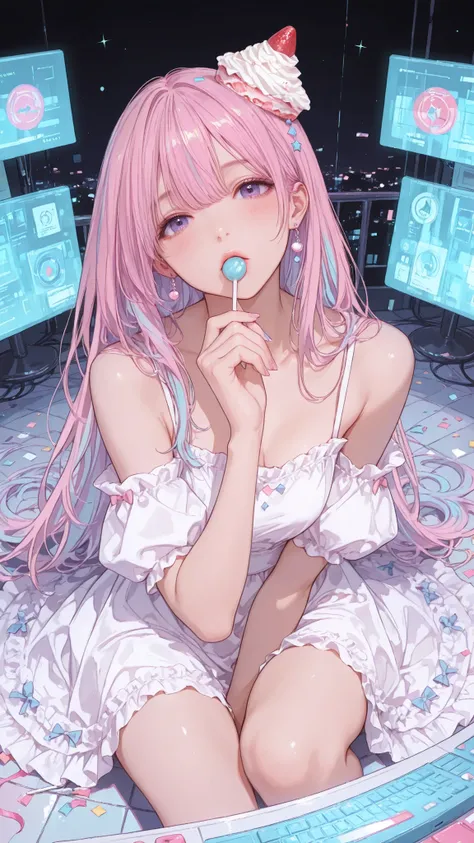 a hyper-realistic full-body portrait of the ultimate “sweet hacker” woman, emerging gracefully in a magnificent cake dress whose cascading creamy frosting layers are lavishly decorated with vivid pastel strawberries, neon sugars, and candy blossoms. perche...