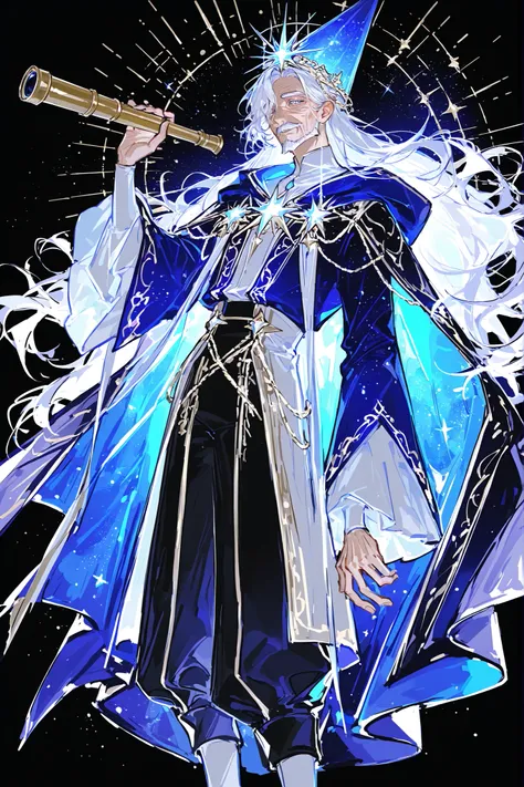 (handfixer, xxx667_illu,hand_telescope) Male character, middle-aged mature cheerful medieval fantasy wizard. He is a tall, skinny, with wrinkled face. He has a long two-tone black-and-white beard that reaches to the ground. He has long gray hair carelessly...