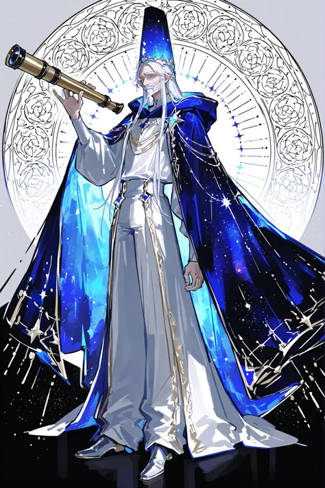 (handfixer, xxx667_illu,hand_telescope) Male character, middle-aged mature cheerful medieval fantasy wizard. He is a tall, skinny, with wrinkled face. He has a long two-tone black-and-white beard that reaches to the ground. He has long gray hair carelessly...