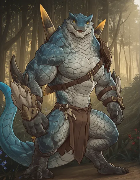 masterpiece, best quality, amazing quality, very aesthetic, absurdres, newest, scenery, extreme detail, 8k, detailed eyes, yellow eyes, by Riolutiny, anthro, reptile, male, scalie, lizard, solo, extremely detailed scales, yellow eyes, bara, the Blue tongue...