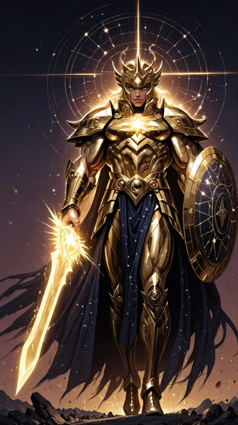 alta qualidade, obra-prima, ultradetalhado, Gijinka constellation personifying the Milky Way, Saint Seiya-inspired character design, hyper-realistic rendering, anthropomorphic humanoid warrior with a massive muscular physique, glowing black and gold color ...