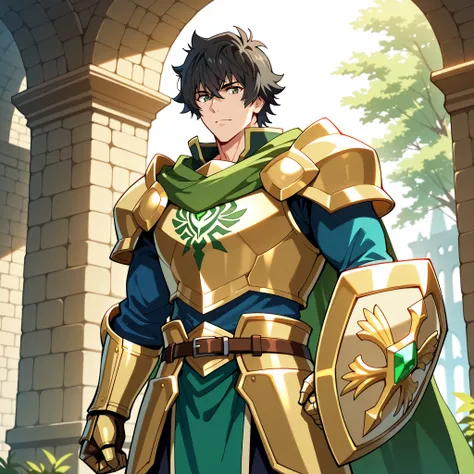 Anime-style fantasy illustration, vibrant and detailed lighting.
Naofumi Iwatani from The Rising of the Shield Hero, depicted as a tall and muscular man with messy black hair, sharp green eyes, and a ruggedly handsome, masculine face.
He wears the Blessed ...