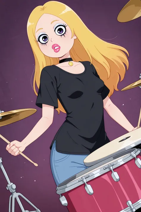 Francine Smith, looking at viewer, pink lipstick, choker, Blonde hair, small saggy breasts. long hair.| masterpiece, best quality, amazing quality, dutch angle, abstract background, drum set, drumsticks, BREAK , solo, girl focus, picklesthedrummer, combov...