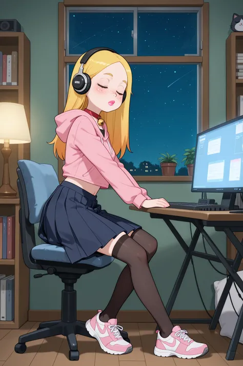 Francine Smith, looking at viewer, pink lipstick, choker, Blonde hair, small saggy breasts. long hair.| 1girl, cute, petite,, relaxed pose, eyes closed, smooth face, freckles, round face, very cute face, heavy freckles, blush, sleeping on desk, sitting, ...