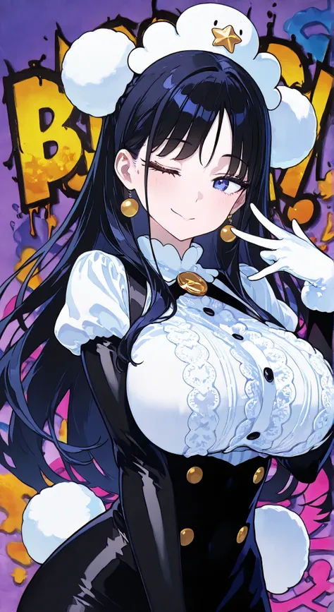 1 Girl, cool beauty, Bright Skin, girl's hair, Bang, , one eye closed, Highest Quality, Graffiti Background, high resolution, upper body, Sanrio costume, Pose, short stack, dynamic angles,、long gloves、big boobs、mature woman
