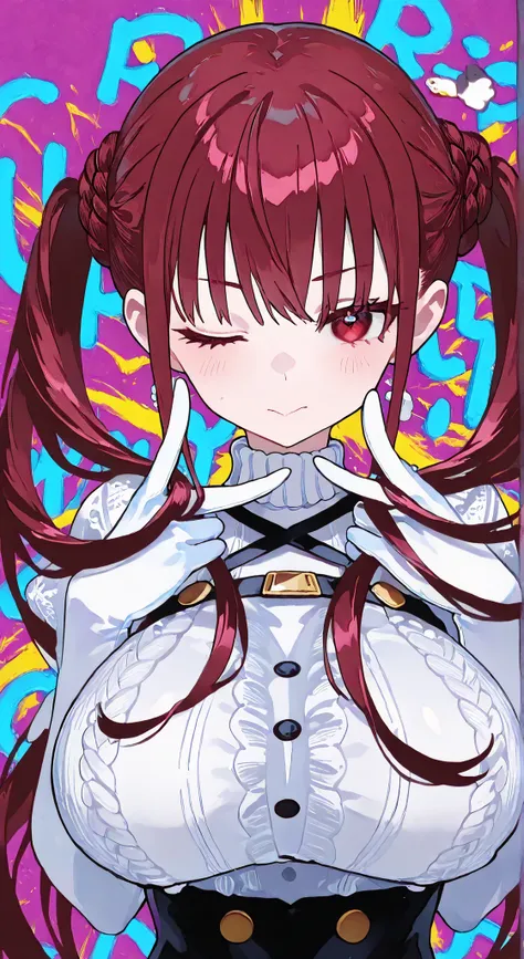 1 Girl, cool beauty, Bright Skin, girl's hair, Bang, , one eye closed, Highest Quality, Graffiti Background, high resolution, upper body, Sanrio costume, Pose, short stack, dynamic angles,、long gloves、big boobs、成熟した女性フェラチオPose