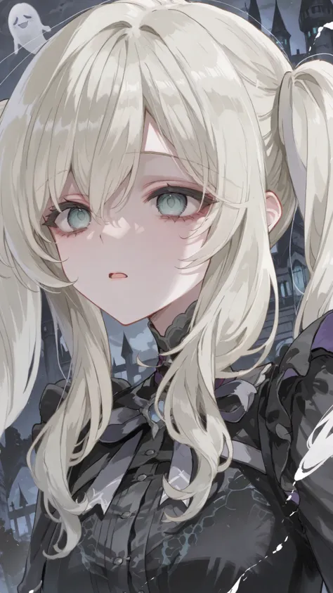 Haunted Castle,Abandoned castle,The ghost princess in a black dress,silver hair,long hair,twin tails,Vertical roll,Fluttering in the Wind,(((((upper body close-up)))))
