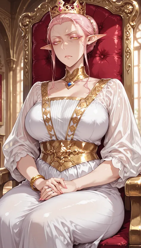 Milf, mature woman, pink hair, long hair, Long Hair, pink eyelashes ,  big eyelashes, thick eyelashes, yellow eyes,  Tall woman, gold crown, correct anatomy, detailed hands, Proud woman, looking at the spectator,  look of a lot of contempt, 4k,  look of a ...