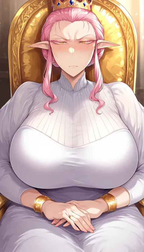 Milf, mature woman, pink hair, long hair, Long Hair, pink eyelashes ,  big eyelashes, thick eyelashes, yellow eyes,  Tall woman, gold crown, correct anatomy, detailed hands, Proud woman, looking at the spectator,  look of a lot of contempt, 4k,  look of a ...