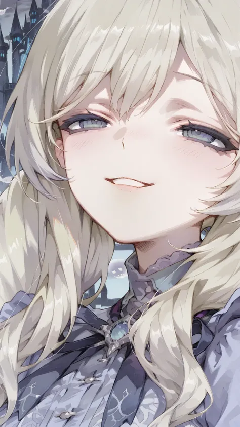 Haunted Castle,Abandoned castle,Ghost Princess in a Navy Blue Dress,silver hair,long hair,twin tails,Vertical roll,Fluttering in the Wind,(((((upper body close-up,Gentle smile)))))