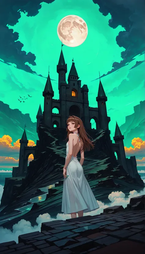((girl walks to distant old fortress, haunted castle, eldritch building, coastal fort, cliffside fortress, eerie scenery, midnight, full moon)), masterpiece, detailed_eyes, high_quality, best_quality, highres, absurdres, 8k, score_9, 1girl, Western feature...