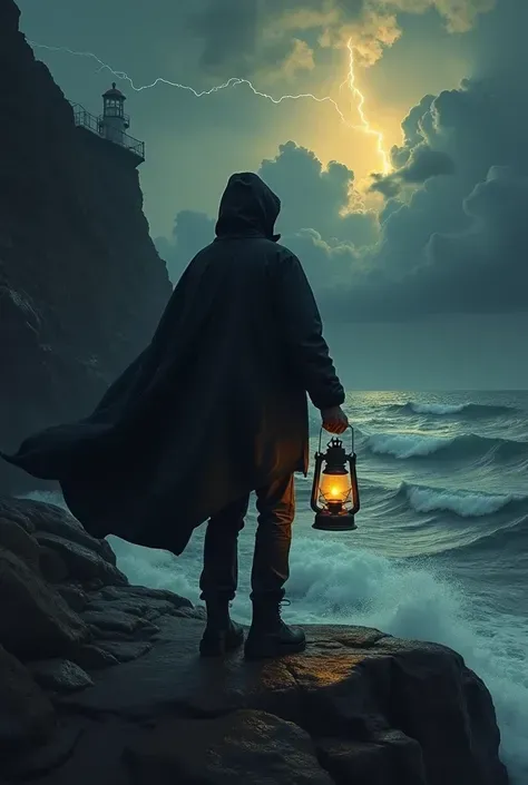 Lighthouse Watcher in the Storm，The black windbreaker rolls over in the wind，The lantern in the hand shimmers in the thunderstorm，The background is a rocky cliff with lightning rippling through the night sky，The monochromatic treatment retains only the war...