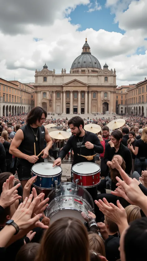 high-definition images、rock band（Mr. Big）The flash mob、is applauded by the audience in Rome's square with twin drums,