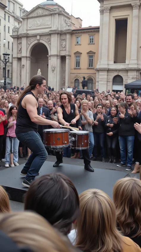 high-definition images、rock band（Mr. Big）The flash mob、is applauded by the audience in Rome's square with twin drums,