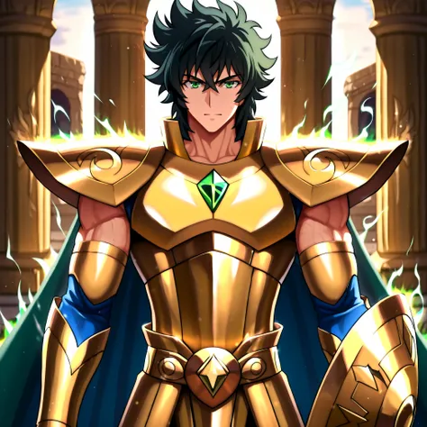 Highly detailed anime-style fantasy illustration with vibrant lighting and divine atmosphere.
Naofumi Iwatani from The Rising of the Shield Hero stands proudly wearing the Gold Cloth of Libra, inspired by Saint Seiya. His build is athletic and lean, not ov...