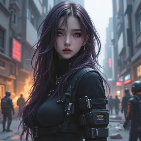 extremely tight cyberpunk suit、beautiful long hair、a dim cyberpunk city with lots of weapons on your back、beautiful pale violet eyes、dark purple hair、Shootout shrouded in fire and white smoke、People have been evacuated and no one has、Destroyed Buildings、Ca...