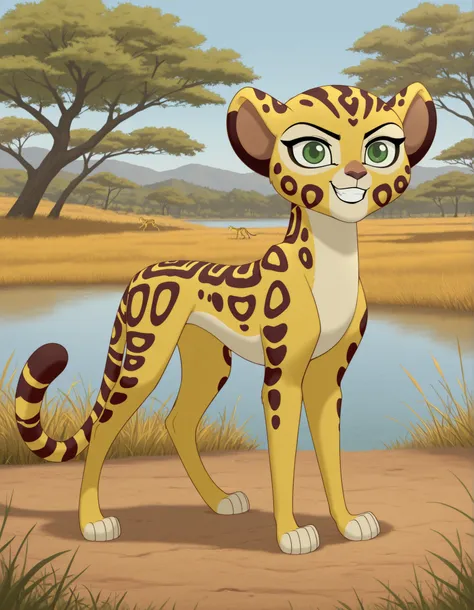 best quality, high res, very aesthetic, realist, masterpiece,
(solo:1.1), 
1girl, Fuli, feral, cheetah, green eyes, ears, tail, child,
Mark_of_the_Guard, 
standing, grin, posing, 
savannah, trees, lake, 
full body shot, 