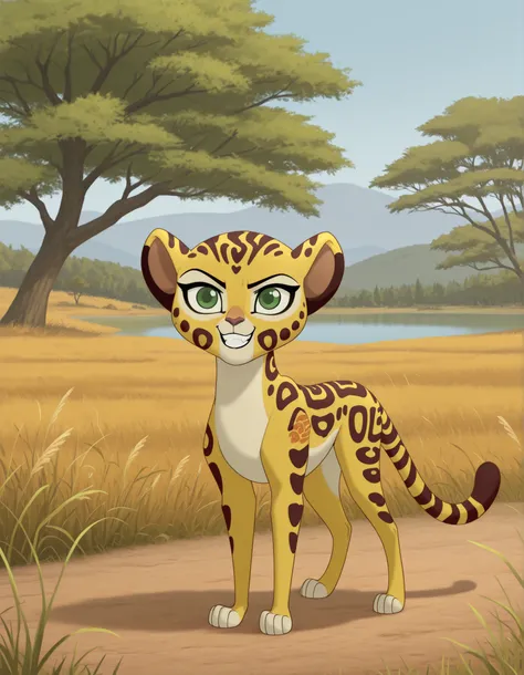 best quality, high res, very aesthetic, realist, masterpiece,
(solo:1.1), 
1girl, Fuli, feral, cheetah, green eyes, ears, tail, child,
Mark_of_the_Guard, 
standing, grin, posing, 
savannah, trees, lake, 
full body shot, 