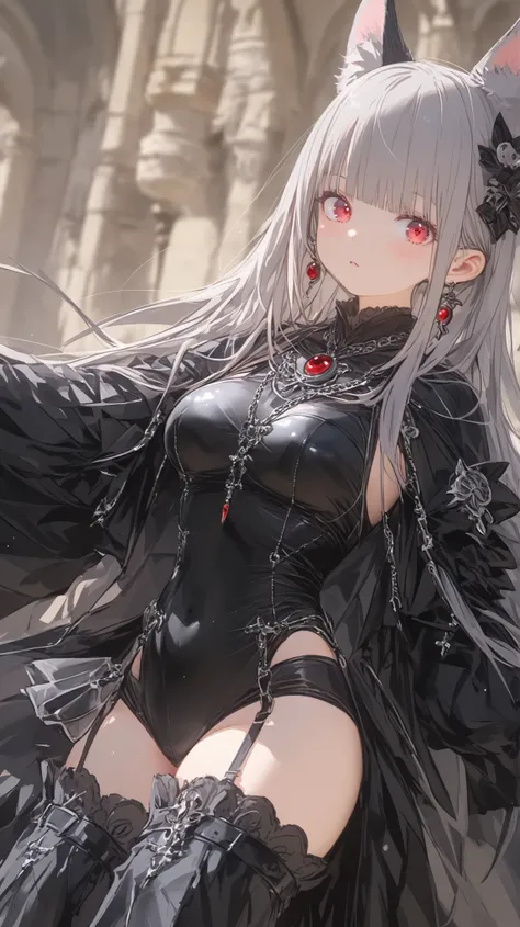 A sleek, anthro wolf woman standing confidently in full-body view, her powerful lupine form covered in dense gray fur with subtle silver-tipped highlights. Her face features striking humanoid makeup—bold black mascara accentuates her almond-shaped eyes, wh...