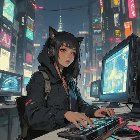 High Quality, Superb Quality, super definition, 8K resolution, Best portrayal, High Contrast, Fascinating art, 1girl, solo, Girl, beautiful faces, sharp gaze, black hoodie , cat ear food, long hair, hacker, multiple computer screens, Digital interface, Co...