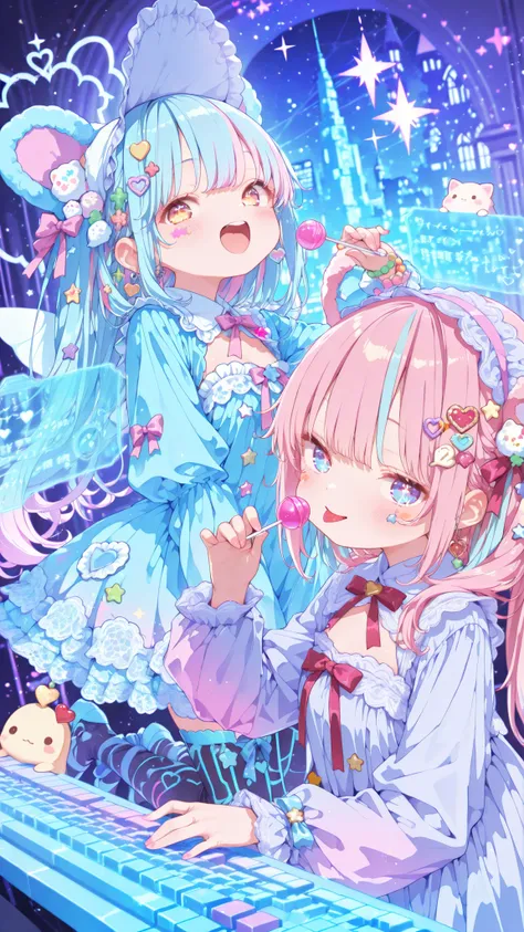 older sister and younger sister,pink and blue,naughty face, lollipop,Cute frill, decora, lace and ribbon dress, hologram, Floating keyboard,operate the keyboard, Cute atmosphere, fantasy and cute,