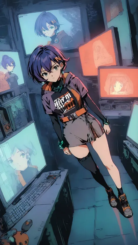 Belle \(zenless zone zero\)a futuristic cockpit with a young woman with drak blue hair and purple highlights, wearing a maroon hoodie with the number "it" on it, standing in the middle of the image. the woman, who appears to be in her early twenties,  is o...