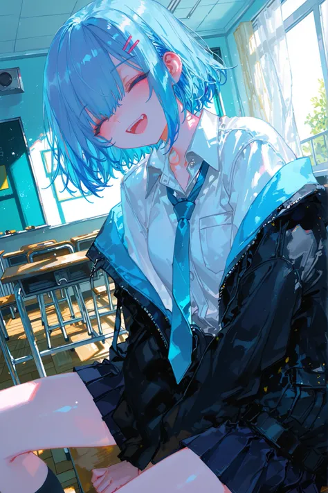 Gorgoeus,masterpiece, 最High Quality, High Quality,anime character thief laughing out loud, dynamic angle, lazy position, detailed background, Brilliant Colors, delicate, Indoor, classroom, Viewer over, sitting
, solo, 1girl, short hair, blue hair, hair cl...
