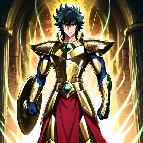 Highly detailed anime-style fantasy illustration with vibrant lighting and divine atmosphere.
Naofumi Iwatani from The Rising of the Shield Hero stands proudly wearing the Gold Cloth of Libra, inspired by Saint Seiya. His build is athletic and lean, not ov...