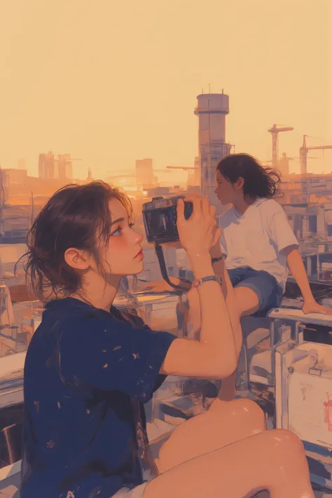 夕日の温かみのある色合いに包まれる2人のlikeい男女の瞬間をとらえています,前景に乱れた茶色の髪のlikeい女性が屋上でカメラを構えてシャッターを覗き込む,women capture with side shots,preparing to take a picture with a cityscape with golden buildings that can be seen below,She has a dark blue shirt and dark shorts,wearing casual ...
