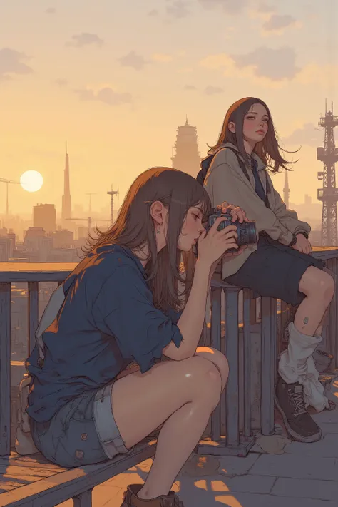 夕日の温かみのある色合いに包まれる2人のlikeい男女の瞬間をとらえています,前景に乱れた茶色の髪のlikeい女性が屋上でカメラを構えてシャッターを覗き込む,women capture with side shots,preparing to take a picture with a cityscape with golden buildings that can be seen below,She has a dark blue shirt and dark shorts,wearing casual ...
