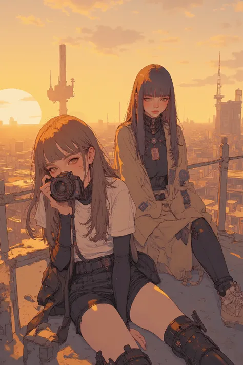 captures a moment of two women wrapped in the warm hues of the sunset,前景に乱れた茶色の髪のlikeい女性が屋上でカメラを構えてシャッターを覗き込む,women capture with side shots,preparing to take a picture with a cityscape with golden buildings that can be seen below,She has a dark blue shirt ...