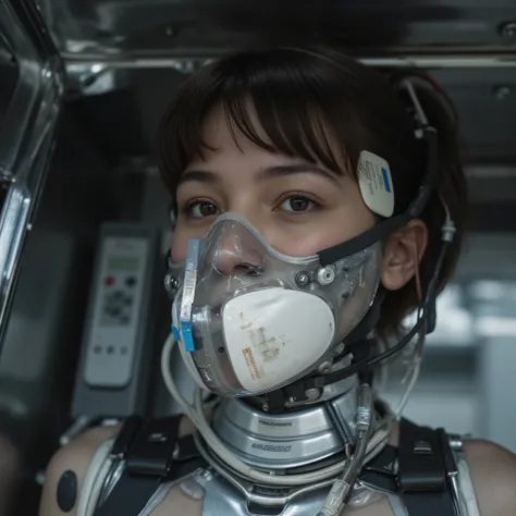 Photorealistic close up portrait of a slim young fullbreasted woman with light skin, short dark brown hair, ((((only slightly open very tired eyes, fainting close up)))), wearing a formfitting highnecked silver latexsuit, (((lying packaged in a narrow meta...