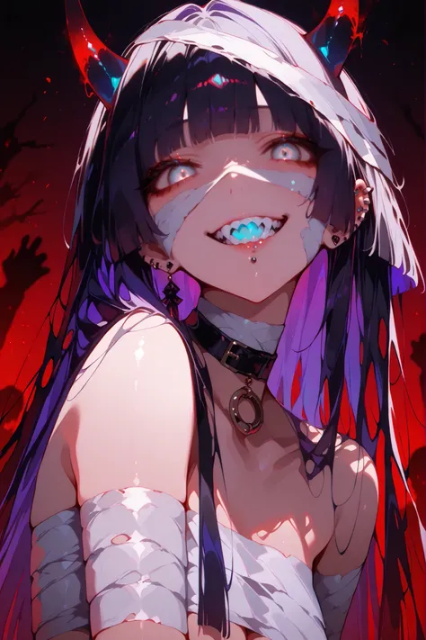 black choker, choker, gothic, pasan, black hair, blunt bangs, blunt ends, chin piercing, colored inner hair, ear piercing, grey eyes, hime cut, long hair, medium bangs, multicolored hair, piercing, purple hair,yandere,glowing eyes, wide smile, sharp teeth,...