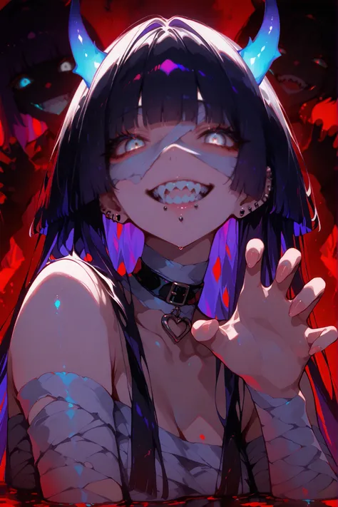 naked bandage, claw pose,black choker, choker, gothic, pasan, black hair, blunt bangs, blunt ends, chin piercing, colored inner hair, ear piercing, grey eyes, hime cut, long hair, medium bangs, multicolored hair, piercing, purple hair,yandere,glowing eyes,...