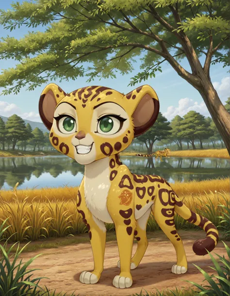 best quality, high res, very aesthetic, realist, masterpiece, (solo:1.1), no human, 1girl, Fuli, feral, cheetah, green eyes, ears, tail, young, child, cub, Mark_of_the_Guard, standing, grin, posing, savannah, trees, lake, full body shot, 