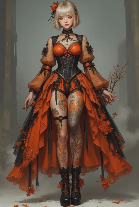 、前髪ぱっつん金髪ショートボブのオリエンタル美女、

autumn Lolita fashion, ultra-mini tutu-like skirt with many layered frills, decorated with many ribbons, colorful autumn palette (yellow, orange, red, black), corset bodice with ribbon bows, skirt layers with ribbon details, shee...