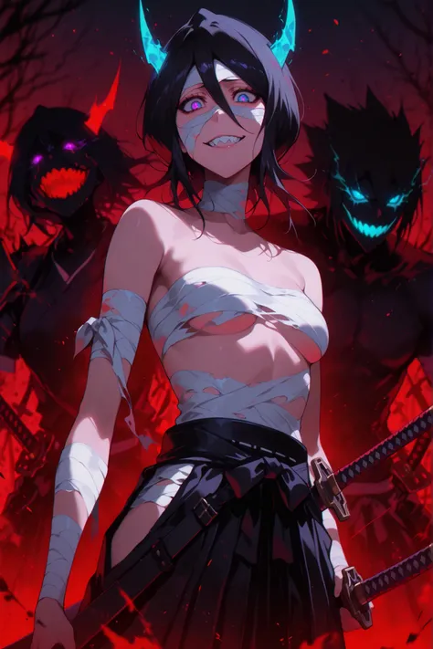 weapon, sword,katana, sheath, hakama,rukia kuchiki, black hair, hair between eyes, purple eyes, short hair, mature female, small breasts, anime screencap,naked bandage,vibrant colors, silhouette, insane, dark art, madness,glowing eyes, wide smile, sharp te...
