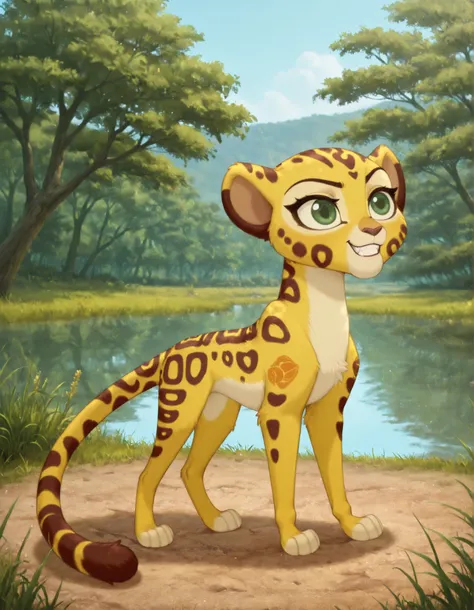 best quality, high res, very aesthetic, realist, masterpiece, (solo:1.1), no human, 1girl, Fuli, feral, cheetah, green eyes, ears, tail, young, child, cub, Mark_of_the_Guard, standing, grin, posing, savannah, trees, lake, full body shot, 