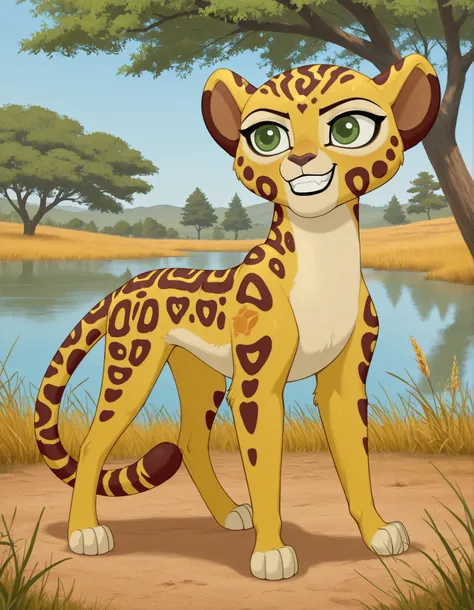 best quality, high res, very aesthetic, realist, masterpiece, (solo:1.1), no human, 1girl, Fuli, feral, cheetah, green eyes, ears, tail, young, child, cub, Mark_of_the_Guard, standing, grin, posing, savannah, trees, lake, full body shot, 